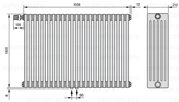 Схема (чертеж) Радиатор Zehnder Charleston 6180/23 №V007 Белый глянцевый RAL 9016